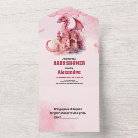 Whimsical Waterverf Roze Dragon Baby shower All In One Uitnodiging (Binnen)