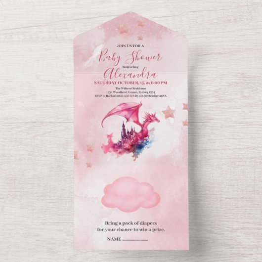 Whimsical Waterverf Roze Dragon Baby shower All In One Uitnodiging (Binnen)