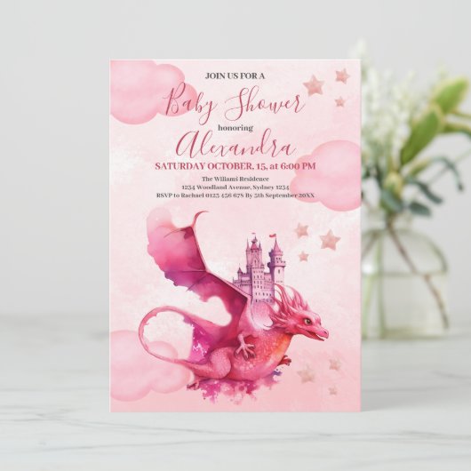 Whimsical Waterverf Roze Dragon Baby shower Kaart (Staand voorkant)