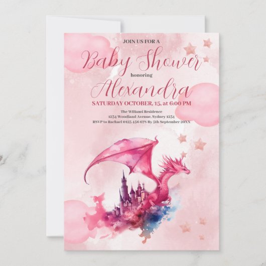 Whimsical Waterverf Roze Dragon Baby shower Kaart (Voorkant)