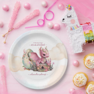 Whimsical Waterverf Roze Dragon Baby shower Papieren Bordje