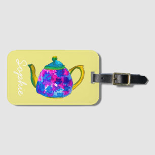 Whimsical waterverf teapot bagagelabel
