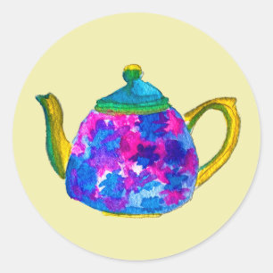 Whimsical waterverf teapot ronde sticker