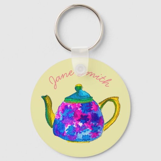 Whimsical waterverf teapot sleutelhanger (Voorkant)
