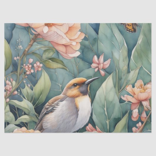 Whimsical Waterverf Tuin met Single Bird Decou Tissuepapier (Voorkant)