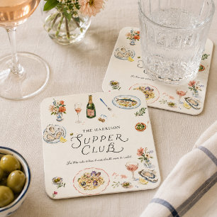 Whimsical Waterverf voor een Kustsupperclub Vierkante Kartonnen Onderzetter