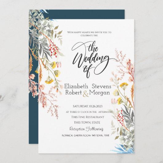 Whimsical Waterverf Wildflower bruiloft uitnodigin Kaart (Voorkant / Achterkant)