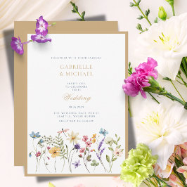 Whimsical Waterverf Wildflowers Gold Wedding Kaart