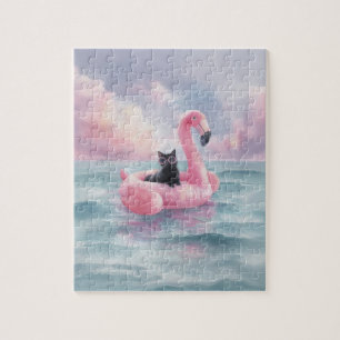 Whimsical Waterverf Zwarte Kat Flamingo Float Legpuzzel