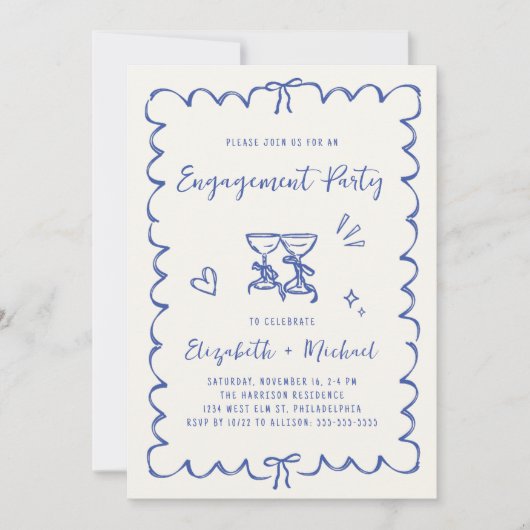 Whimsical Wavy Frame Blue Photo Engagement Party Kaart (Voorkant)