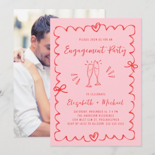 Whimsical Wavy Frame Photo Engagement Party Kaart (Voorkant / Achterkant)