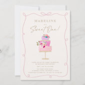 Whimsical Wavy Frame Pink Cake First Birthday  Kaart (Voorkant)