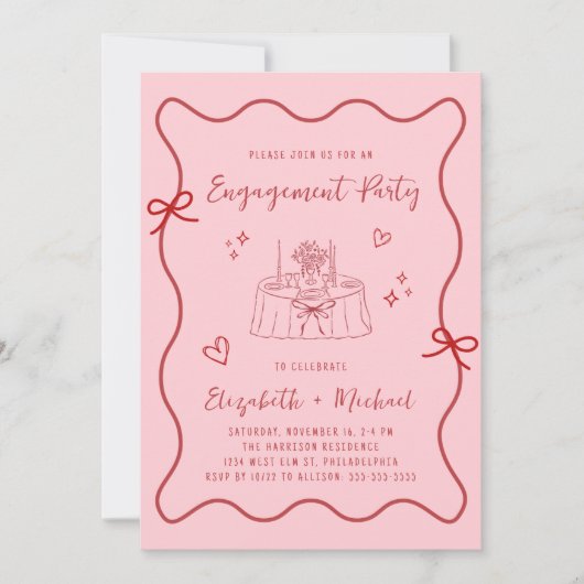 Whimsical Wavy Frame Pink Photo Engagement Party Kaart (Voorkant)