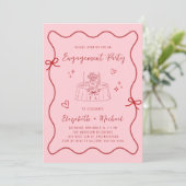 Whimsical Wavy Frame Pink Photo Engagement Party Kaart (Staand voorkant)