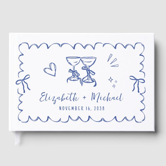 Whimsical Wavy Lijst Hand getekend Blue Wedding Gastenboek (Voorkant)