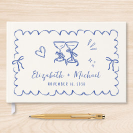 Whimsical Wavy Lijst Hand getekend Cream Blue Wedd Gastenboek