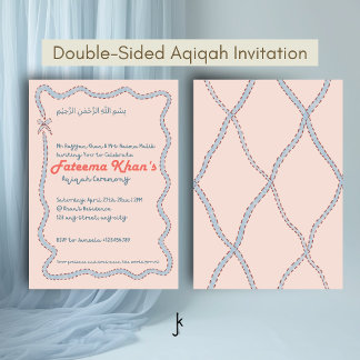 Whimsical wavy of Blush Pink and Soft Blue Aqiqah Kaart