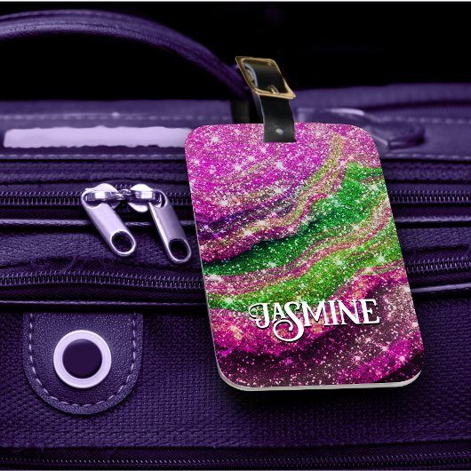 Whimsical wavy roze green Glitter monogram Luggabl Bagagelabel