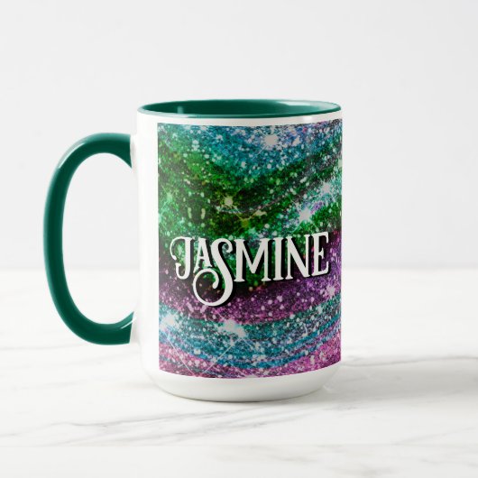 Whimsical wavy roze groene Glitter monogram Mok (Links)