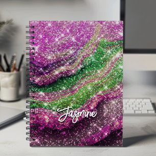 Whimsical wavy roze groene Glitter monogram Notebo Notitieboek