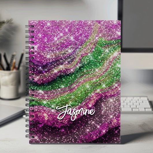Whimsical wavy roze groene Glitter monogram Notebo Notitieboek
