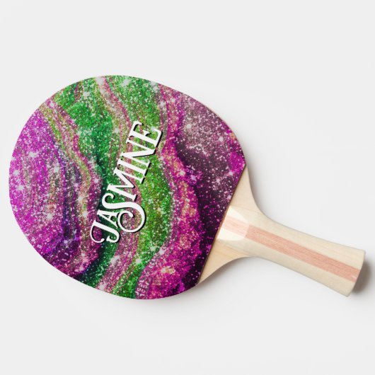 Whimsical wavy roze groene Glitter monogram Tafeltennisbatje (Zijkant)