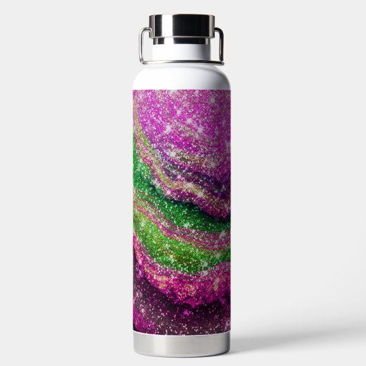Whimsical wavy roze groene Glitter monogram Waterfles (Achterkant)