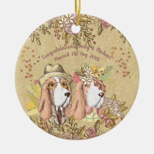 Whimsical Wedding Gift Basset Hound bruid bruidego Keramisch Ornament (Voorkant)