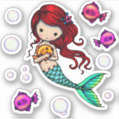 Whimsical Wereld Zoete Zeemeermin met Vis en Bubbl Sticker (Voorkant)