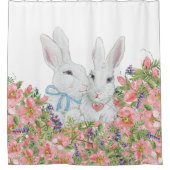 Whimsical White Bunny Rabbits, Pink Flowers Pastel Douchegordijn (Voorkant)
