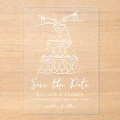 Whimsical White Champagne Tower Bewaar de datum Acryl Uitnodigingen (Voorkant)