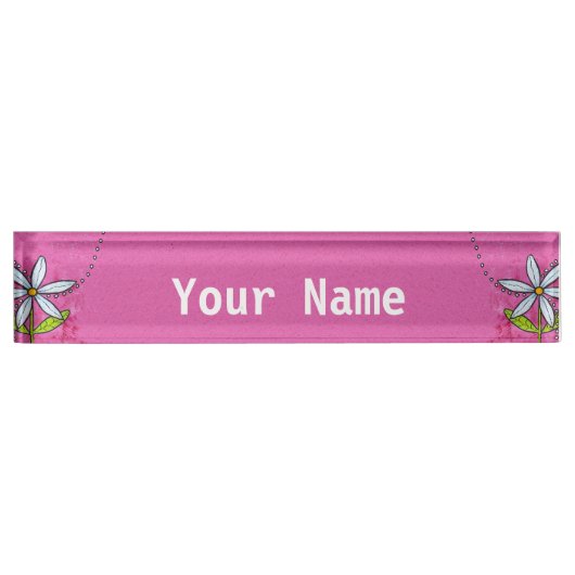 Whimsical White Daisy Flower Pink Naambordje (Voorkant)