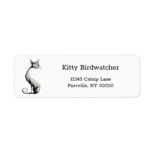 Whimsical White Long Neck Cat Retouradres Etiket