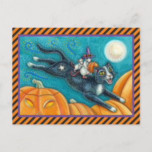WHIMSICAL WHITE MICE RIDING HALLOWEEN BLACK CAT BRIEFKAART