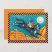 WHIMSICAL WHITE MICE RIDING HALLOWEEN BLACK CAT BRIEFKAART (Voorkant / Achterkant)
