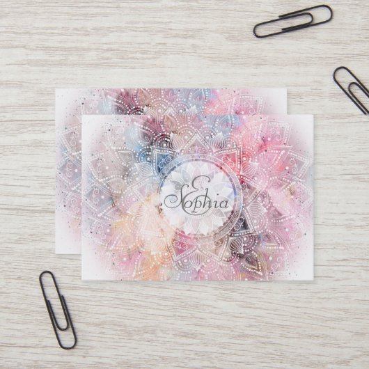 Whimsical White waterverf mandala design Visitekaartje (Voorkant / Achterkant in situ)