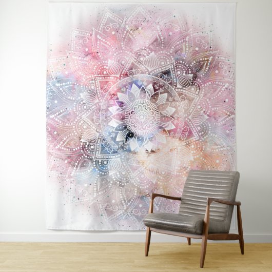 Whimsical White waterverf mandala design Wandkleed (In situ)