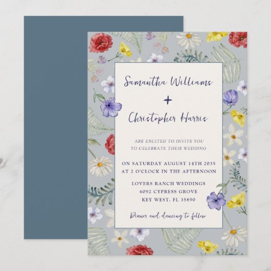 Whimsical Wildflower Dusty Blue Wedding Kaart (Voorkant / Achterkant)