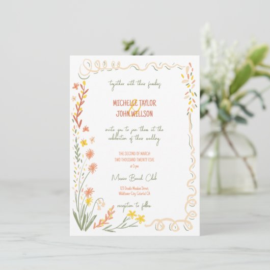 Whimsical Wildflower Hand getrokken weide bruiloft Kaart (Staand voorkant)