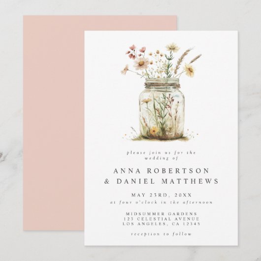 Whimsical Wildflower Mason Jar Wedding Kaart (Voorkant / Achterkant)