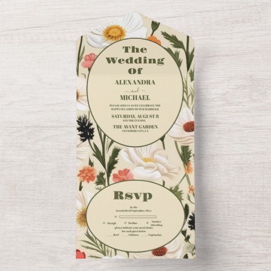 Whimsical Wildflower Meadow Bruiloft All In One Uitnodiging (Binnen)