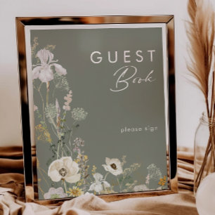 Whimsical Wildflower Meadow Sage Guest Book Sign Poster