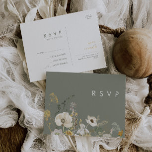 Whimsical Wildflower   Sage Green Wedding RSVP Briefkaart