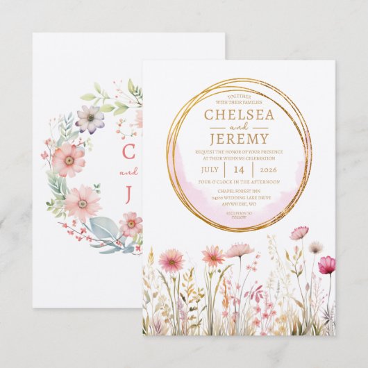 Whimsical Wildflower Waterverf Design bruiloft Kaart (Voorkant / Achterkant)