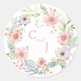 Whimsical Wildflower Waterverf Design bruiloft Ronde Sticker