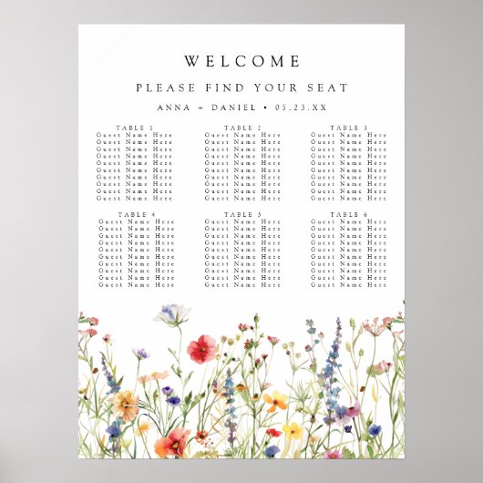 Whimsical Wildflower Wedding Seating Chart Poster (Voorkant)