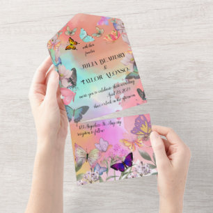 Whimsical Wings: Waterverf vlinderbruiloft All In One Uitnodiging