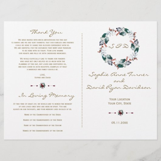 Whimsical Winter Berries Wreath Wedding Programme (Devant)