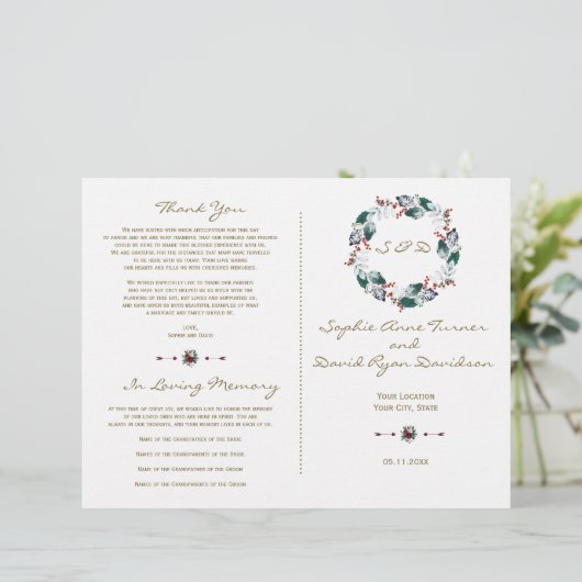 Whimsical Winter Berries Wreath Wedding Programme (Debout devant)