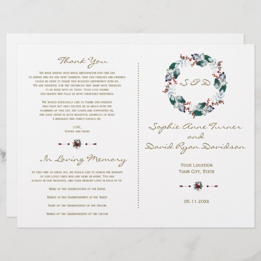 Whimsical Winter Berries Wreath Wedding Programme (Devant / Derrière)